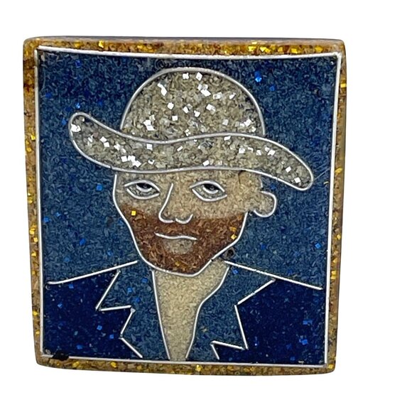 Vintage Vincent Van Gogh Artisan Handmade Art Square Brooch Pin Gold Blue Resin - Picture 1 of 7